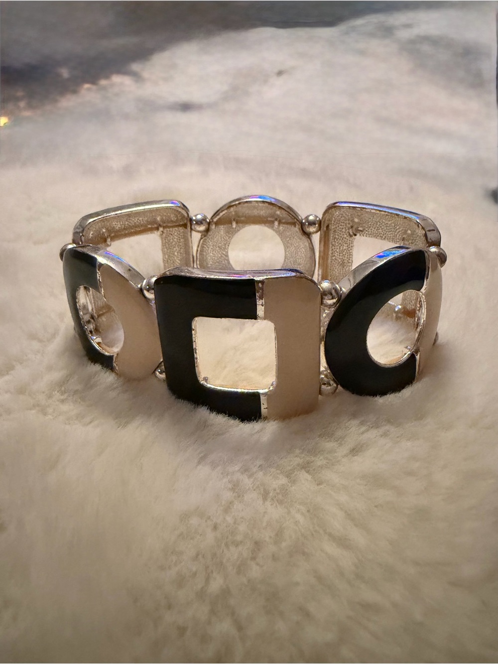 New York & Company Black and Cream Geometric Stretch Bracelet